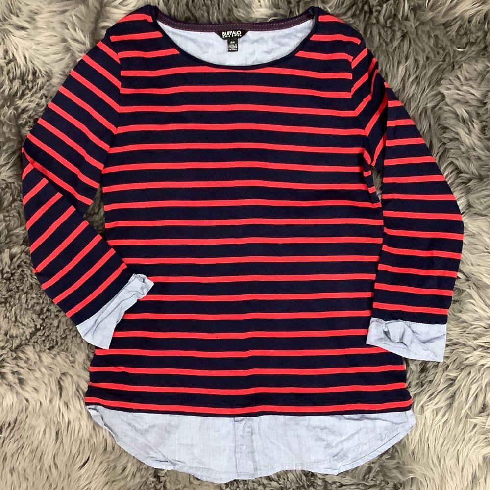 Buffalo Women's Red and Blue Striped Long Sleeve Shirt | Small